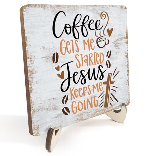 Inspirational Coffee Sign Rustic Desk Decor Decorative Christian Religious Bible Verse Faith Decoration for Home Farmhouse Bedroom Office Coffee Bar Table Shelf Tiered Tray Plaque with Wood Stand multicolour0345