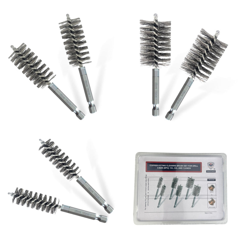 [Australia - AusPower] - 3-Size[6pc] Fitting Cleaning Brush Set (1/2, 3/4, 1.0-inch) Copper Pipe Cleaner for Power Drill, Stainless-Steel Wire Bore Brush, Metal Tube Brushes, Prep Copper/Bronze/Brass Fittings for Soldering 