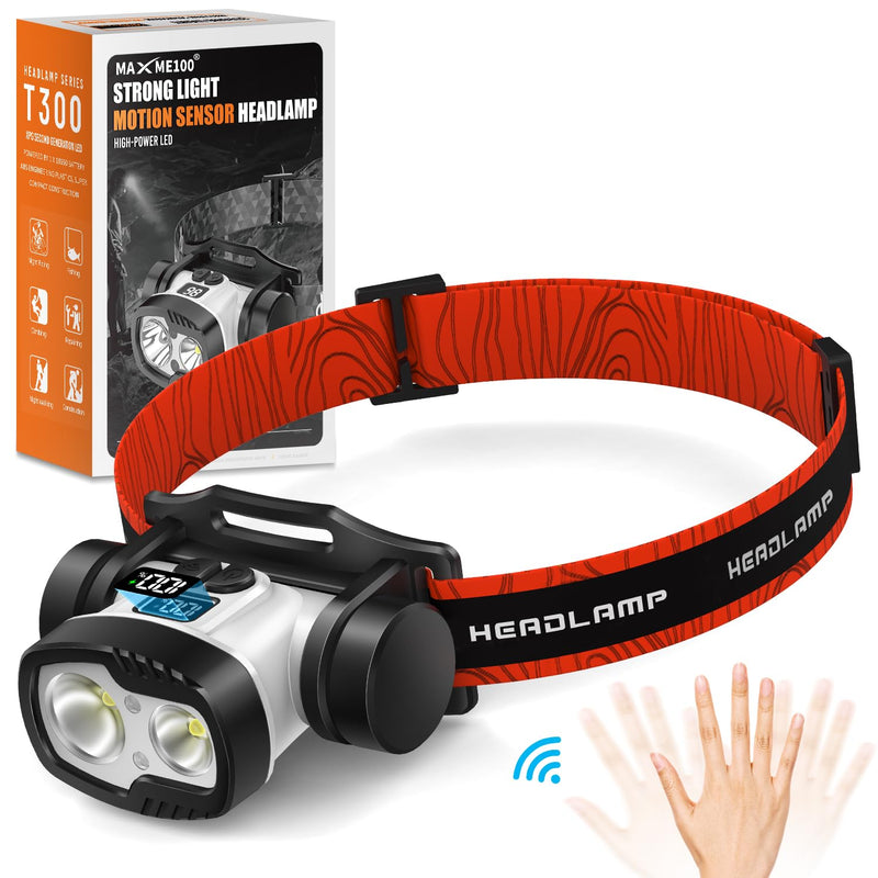 [Australia - AusPower] - MAXME100Â® Upgraded Rechargealbe Headlamp, Head Lamp, Led Headlamp Rechargeable, Head Light, Head Flashlight, Dual Light Headlamp, USB C Motion Sensor Digital MAX300-1 