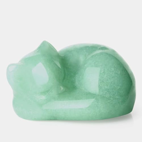 LAIDANLA Sleeping Cat Statue Green Aventurine Healing Gemstone Hand Carved Cute Kitten Statue Figurine 1.6" Decor Polished Stone Reiki Bedroom Office Desk Home Decoration Gifts F-green Aventurine