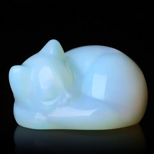 LAIDANLA Opal Sleeping Cat Statue Healing Crystals Moonstones Hand Carved Cute Kitten Figurine Sculpture 1.6" Opalite White Gemstone Decor Polished Stone Reiki Office Desk Home Decoration Gifts B-opal