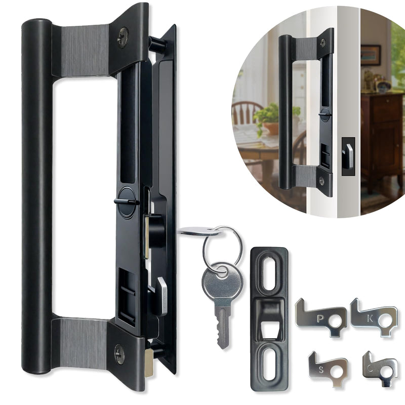 Sliding Glass Door Handle Set with Lock - Easy to Install,Patio Sliding Door Handle Fits for 1 to 1-1/8 Door Thickness,6-5/8" Screw Hole Spacing,Perfectly Replacement for Old Handle(Black) Black - with Lock