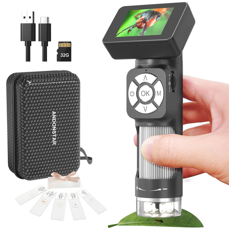 [Australia - AusPower] - Andonstar AD112 Portable Pocket Microscope Kit for Kids and Adults with 2" LCD Screen, Mini Handheld Digital Microscope 500X with 8 Adjustable LED Lights, Windows PC Compatible, 32GB SD Card Included 
