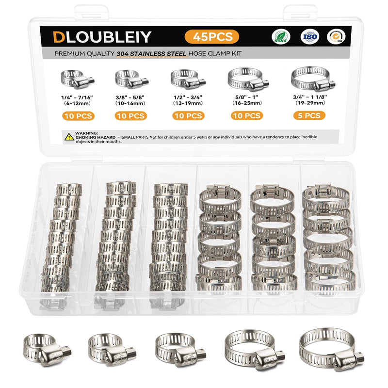 [Australia - AusPower] - 45PCS Hose Clamp Assortment Kit - Stainless Steel Hose Clamps with Worm Gear, Adjustable 1/4'' to 1-1/8'' (6-29mm) for Plumbing, Automotive, and Mechanical Applications 45PCS Kit 