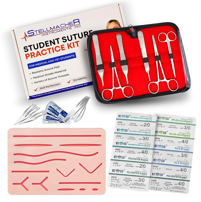 [Australia - AusPower] - STELLMACHER 38 Pcs Suture Practice Kit Complete Kit for Medical Student | Large Suture Pad for Stitches Training 14 Pre-Cut Wound Closure | Surgical Kit Sutures Tools, Thread & Needle Education Use 
