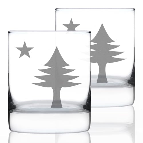 Bevvee Old Maine Flag Whiskey Rocks Glass for Mainers - 10.25 oz - Set of 2