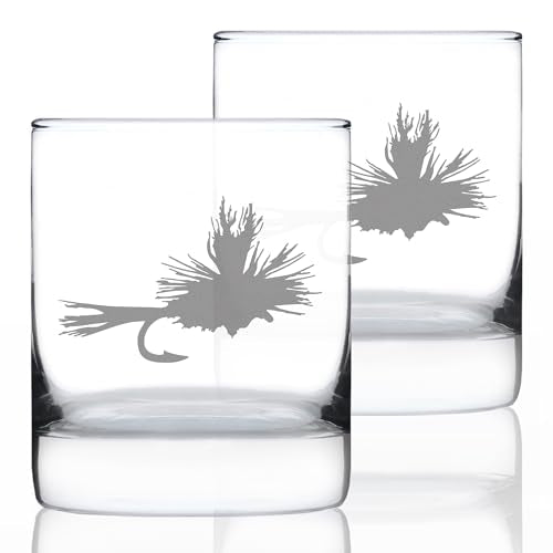 Fly Fishing Whiskey Rocks Glass for Flyfishing Gifts - 10.25 oz - Set of 2