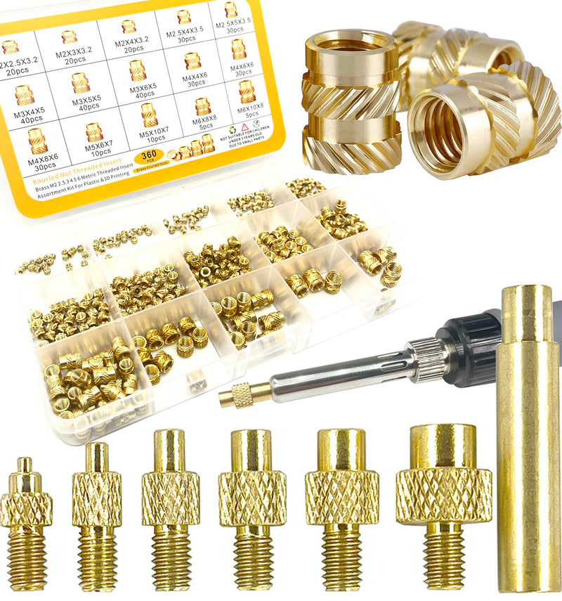 [Australia - AusPower] - 3D Printing Brass Nuts Threaded Inserts 360Pcs M2 M2.5 M3 M4 M5 M6 Female Thread Metric Knurled Nuts Assortment Kit Brass Heat Set Insert for Plastic and 3D Components, Heat Set Insert Tips Tool 