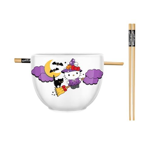 Silver Buffalo Sanrio Hello Kitty Halloween Spooky Witch Ceramic Ramen Noodle Rice Bowl with Chopsticks, Microwave Safe, 20 Ounces