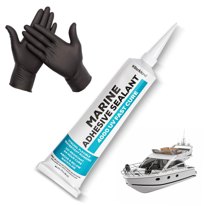 3 oz Marine Adhesive Sealant 4000/4200 Fast Cure UV (White) - Sem-Permanent, Flexible Bonding and Sealing - UV Resistant, above & below Waterline - Compare to 06560 and 05260 FC M - by Berkland