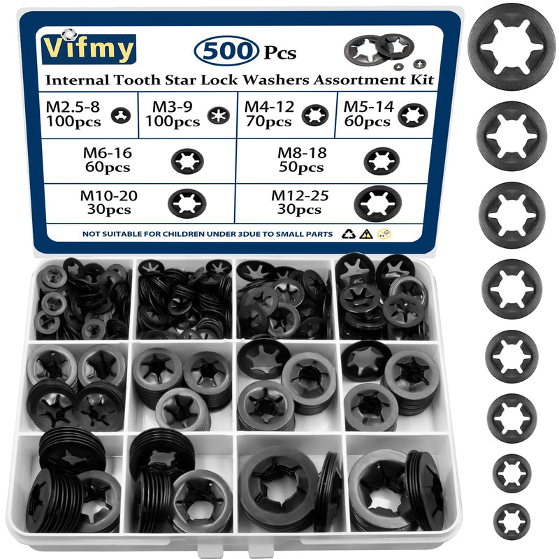 [Australia - AusPower] - 500PCS Internal Tooth Star Lock Washers?m2.5 m3 m4 m5 m6 m8 m10 m12 Quick Speed Locking Washers Assortment Kit?Steel Black Oxide Finish push on locking washer Internal Tooth Star Lock Washer;500 PCS 1 
