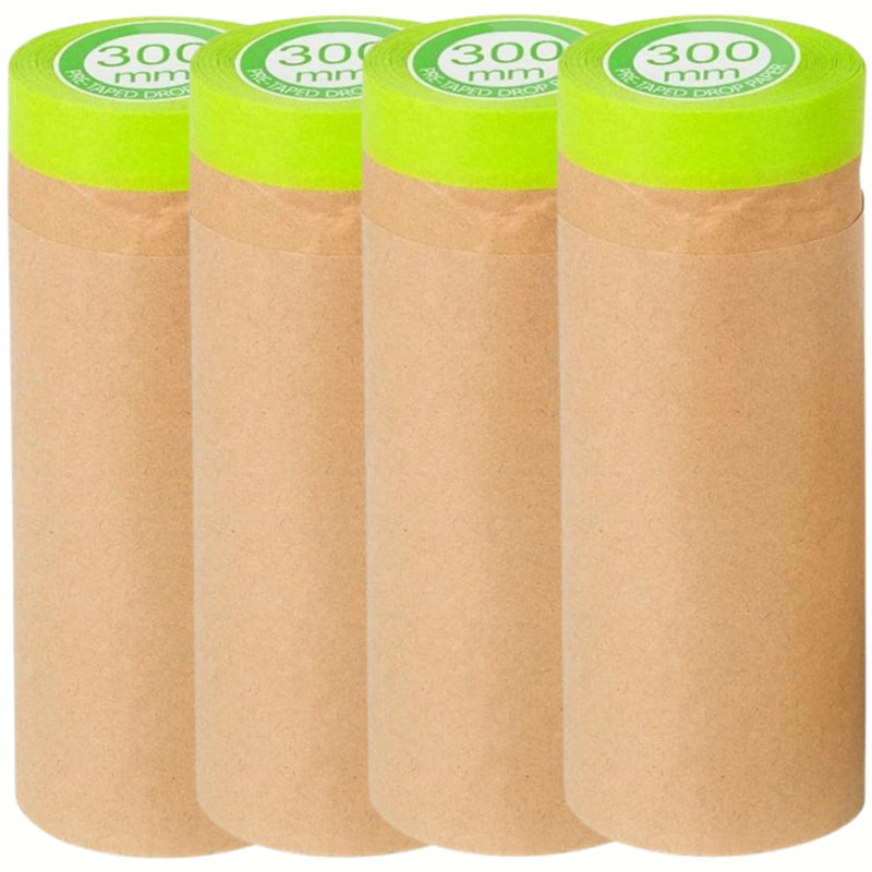 [Australia - AusPower] - KUANVE 4 Rolls Pre-Taped Masking Paper for Painting, 12 Inch x 50 Feet Tape and Drape Painters Paper, Self-Adhesive Kraft Paper Paint Protective Film for Auto Body, Home Furniture, Wall Covering 