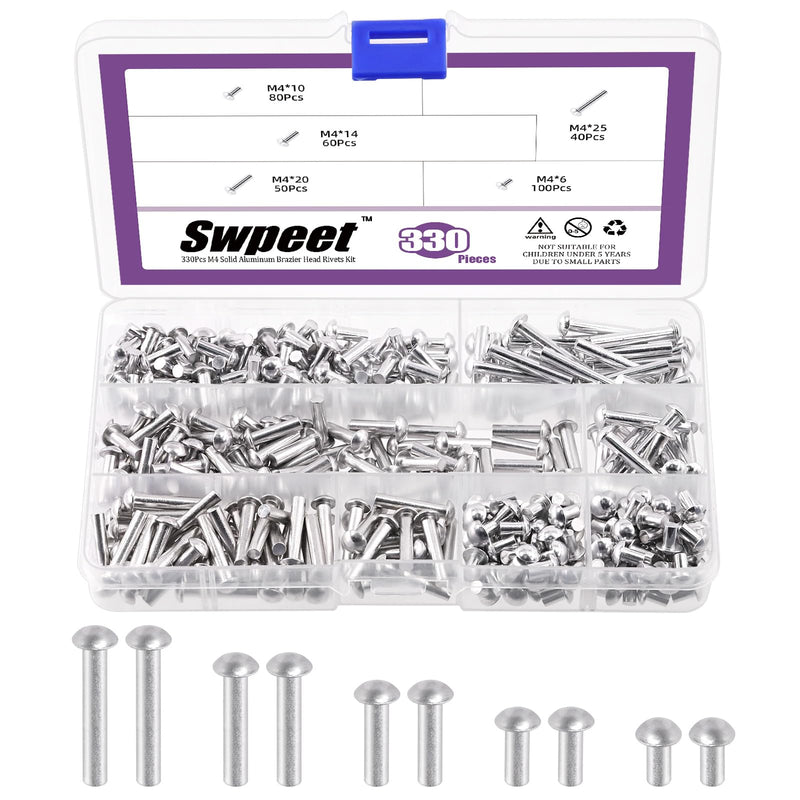 [Australia - AusPower] - Swpeet 330Pcs M4 × 6mm 10mm 14mm 20mm 25mm Solid Aluminum Brazier Head Rivets, Aluminum Rivet, Plain Finish, Universal Head, High Corrosion Resistance for Repairing Boats, Aircraft, Making Armor 