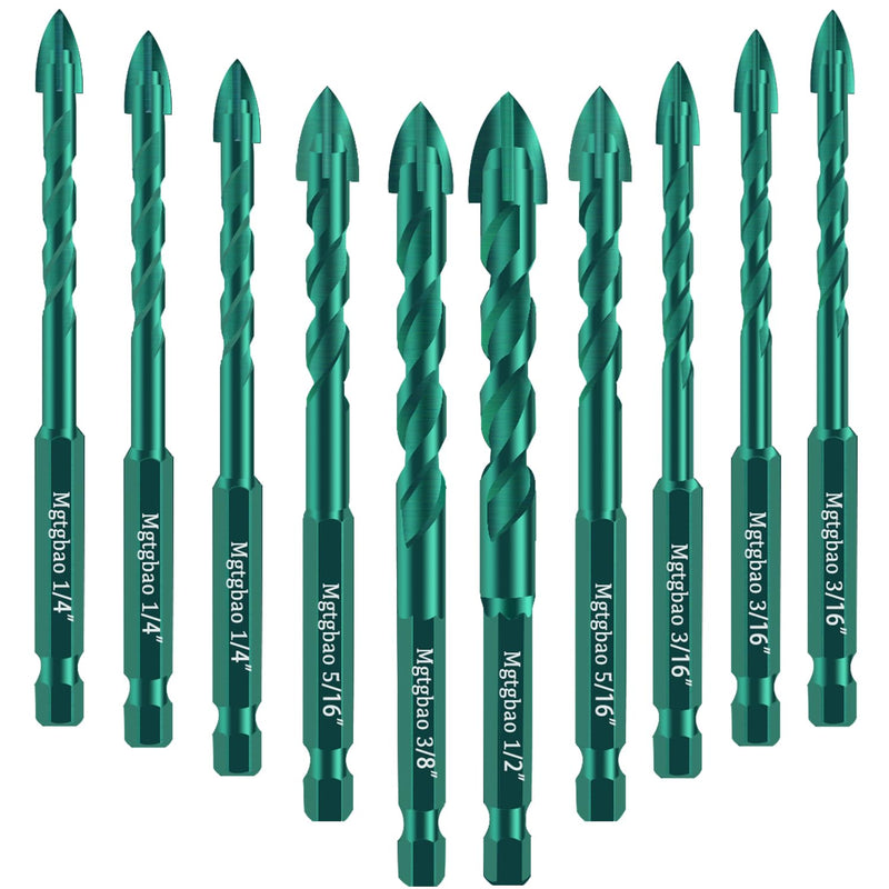 [Australia - AusPower] - Mgtgbao Green Concrete Drill Bit Set, 10pcs Masonry Drill Bits Set Carbide Tip for Glass, Brick, Tile, Concrete, Plastic and Wood with Size 3/16â€,1/4â€, 5/16â€,3/8â€, 1/2â€ Black 