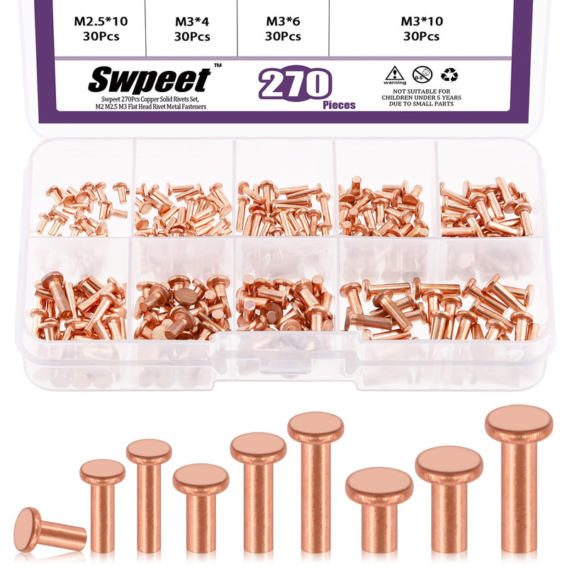 [Australia - AusPower] - Swpeet 270Pcs M2 M2.5 M3 Flat Head Copper Solid Rivet Metal Fasteners Set, Copper Solid Rivets Rivet Fastener Ideal for Electrical Applications Belts Wallets Collars Leather DIY Craft Supplies 