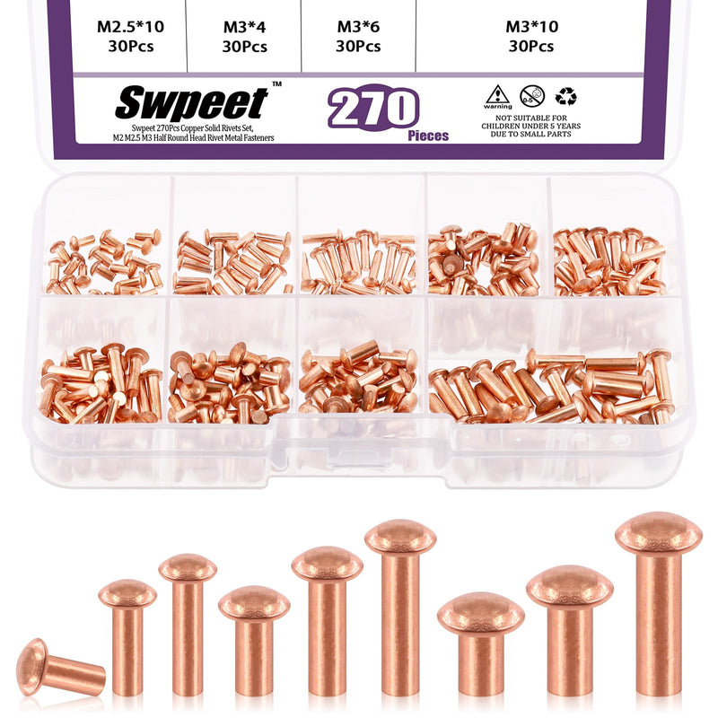 [Australia - AusPower] - Swpeet 270Pcs M2 M2.5 M3 Half Round Head Copper Solid Rivet Metal Fasteners Set, Copper Solid Rivets Rivet Fastener Ideal for Electrical Applications Belts Wallets Collars Leather DIY Craft Supplies 