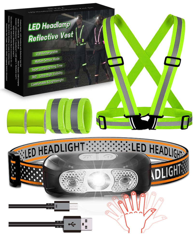 [Australia - AusPower] - Reflective Vest with LED Headlamp,6 Pack Light Up Reflective Running Gear with Motion Sensor Rechargeable Headlamp ,High Visibility Reflector Armbands for Running,Hiking,Walking,Cycling, Repairing Green 