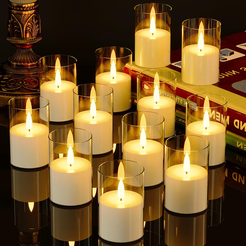 [Australia - AusPower] - VIODAIM Flameless Votive Candles Battery Operated Acrylic Clear LED Flickering Pillar Votive Candle with Timer for Wedding Party Centerpieces Table Decorations Set of 12 2"X3" 12pcs clear 
