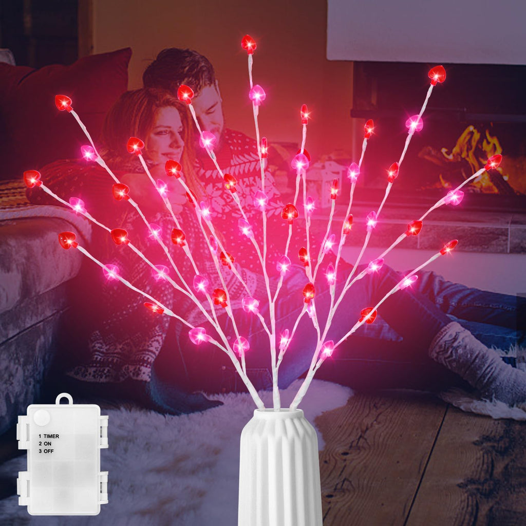 [Australia - AusPower] - 3PK Lighted Branches for Valentine's Day, 30 Inch Twig Lights, Prelit Branches with 60 Heart LED Lights, Romantic Decorative Lights for Vase, Battery Operated Light Up Branches for Indoor Table Decor 