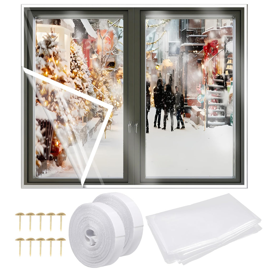 [Australia - AusPower] - Window Insulation Kit 63x63 Inch, Winter Shutter Cover with Tape and Bubble Nails, Cuttable Wrap Transparent Film for Most Windows, Reusable Insulation Window Shrink Film for Winter Cold Weather 