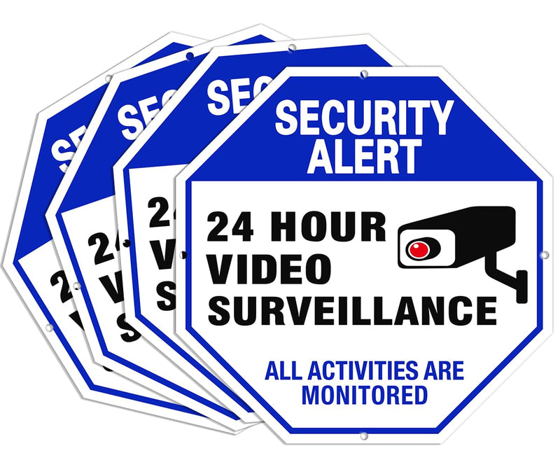 [Australia - AusPower] - Video Surveillance Sign, 4-Pack 10"x10" Security Camera Sign, Reflective and Waterproof Material 24 Hour Surveillance Sign For Home/Business sing-03-Blue 4 Packs 