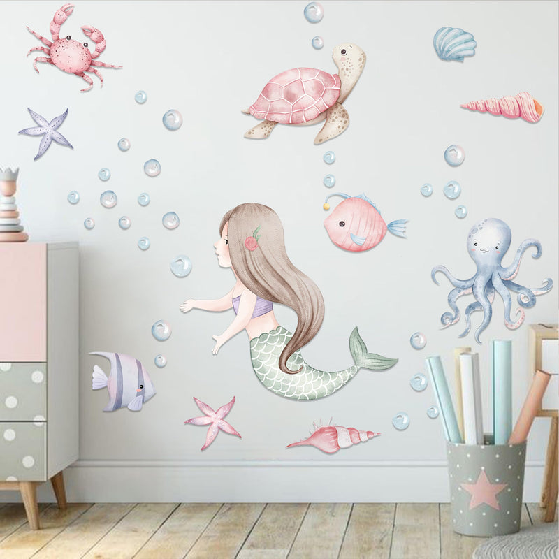 [Australia - AusPower] - MUWEOL Under The Sea Mermaid Wall Decals - Ocean Fish Turtle Wall Stickers Bathroom Girls Bedroom Baby Nursery Wall Decoration,Sea Animals Wall Stickers 