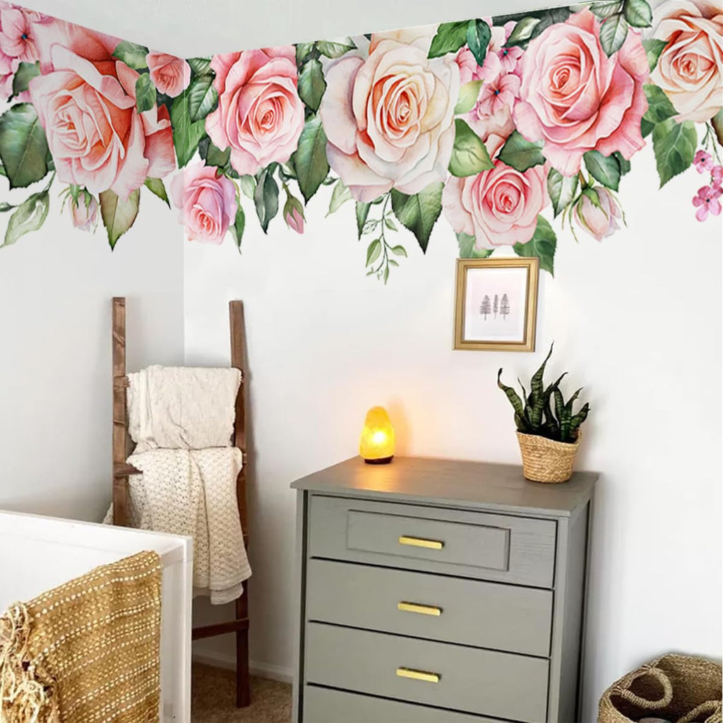 [Australia - AusPower] - 4 Sheets Giant Peony Rose Wall Decals Watercolor Rose Bouquet Flowers Wall Stickers DIY Peel and Stick 3D Fresh Peonies Floral Green Leaf Corner Wall Decor for Kids Girls Bedroom Living Room Nursery A 