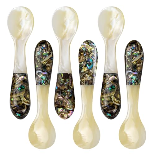 DUEBEL Set of 6 Caviar Spoons of Abalone Handle, 4" Mother of Pearl Spoons for Caviar Serving, Egg Serving, Catering Event Tableware, Restaurant Table Decor