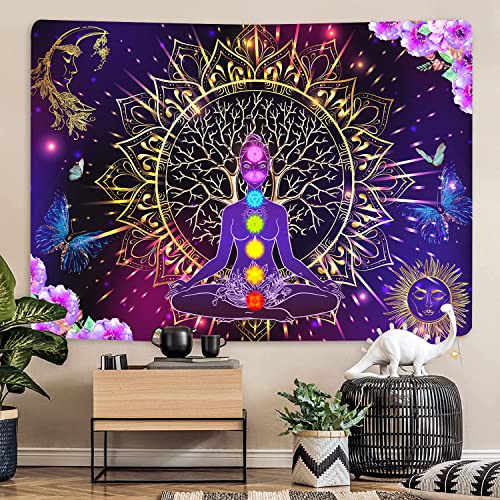 YLPHYLIS Tree of Life Chakra Meditation tapestry 71x95 Inches Spiritual Yoga Hippie Moon and Sun for Bedroom Living Room Dorm Home Tapestry YL128 95"L x 71"W