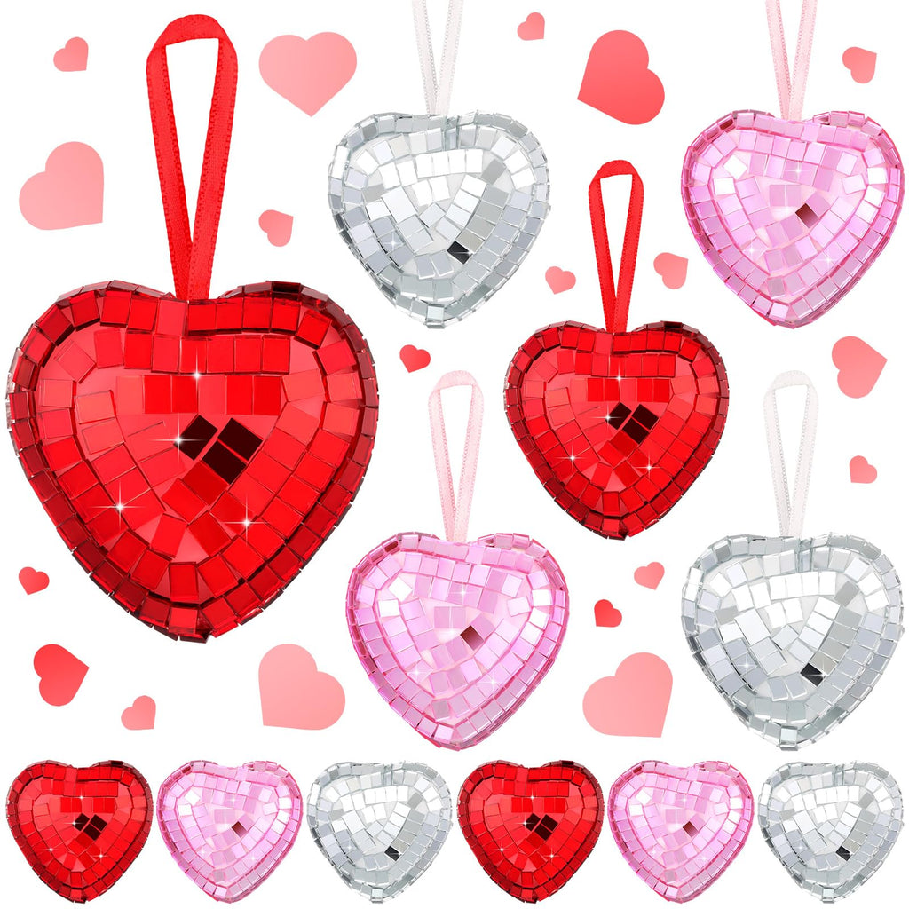 [Australia - AusPower] - Ferraycle 12 Pcs Valentine's Day Heart Shaped Disco Balls Mirror Disco Ball Decor Red Silver Pink Heart Hanging Ornaments for Tree Heart Decoration for Valentine's Day Wedding Party Supplies 