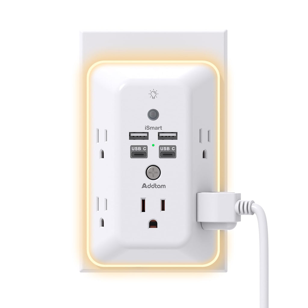 [Australia - AusPower] - Surge Protector, Outlet Extender with Night Light, Addtam 5-Outlet Splitter and 4 USB Ports(2 USB C), USB Wall Charger Power Strip, Multi Plug Outlet for Home, Office, School, ETL Listed 2C2A 