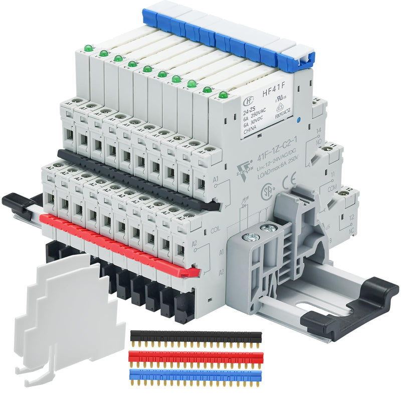 [Australia - AusPower] - 10Pcs Miniature Electromagnetic Relay 24V Coil DC/AC; Signal Relay for PLC; HF41F/24-ZS 1NO 1NC 6Amp SPDT with Jumper, Separator, 24V Relay Din Rail, UL Certification 10 PCS +24VDC/AC 