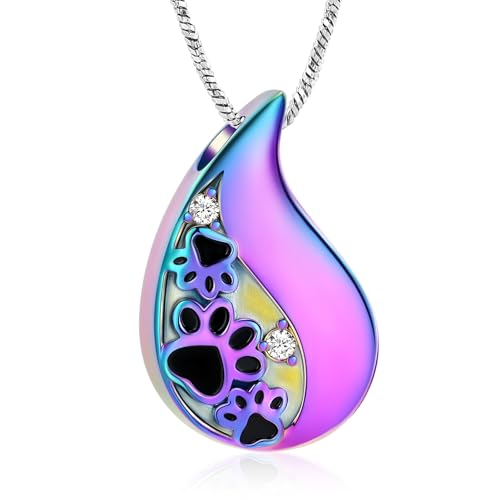 Yinplsmemory Pet Paw Print Teardrop Urn Necklace for Ashes for Dog/Cat Ashes Keepsake Memorial Pet Cremation Jewelry Rainbow