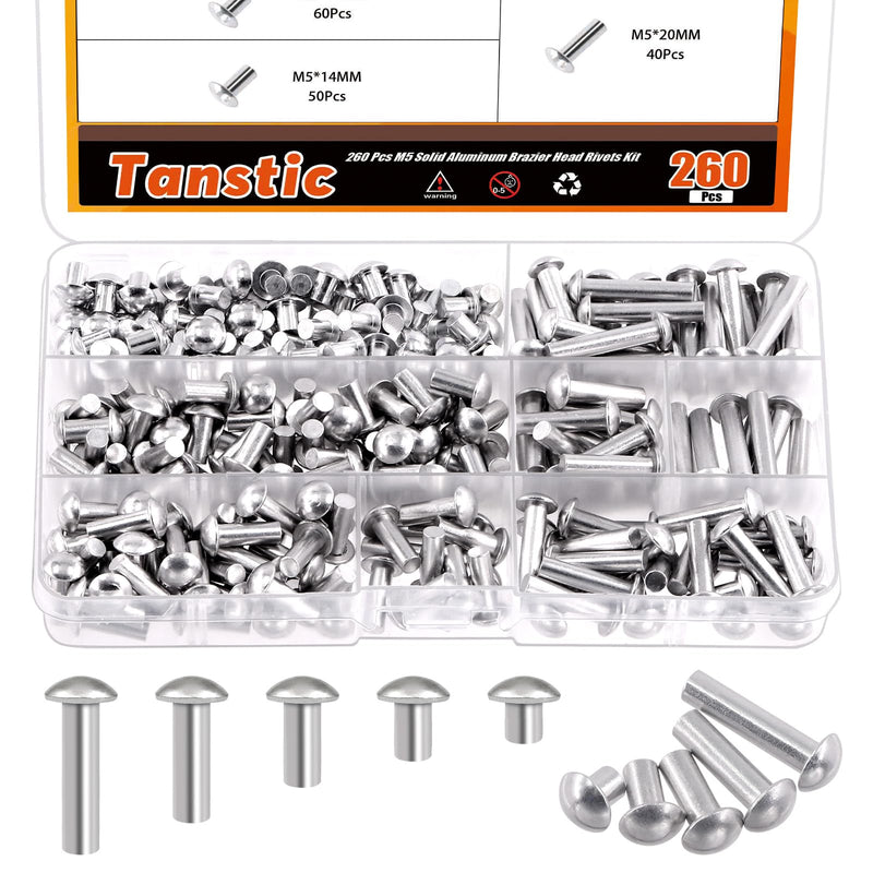 [Australia - AusPower] - 260Pcs M5 Solid Aluminum Brazier Head Rivets, 6mm 10mm 14mm 20mm 25mm Length Solid Aluminum Rivets for Machinery Automobile Industry 