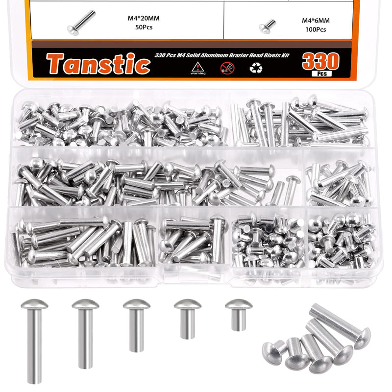 [Australia - AusPower] - Tanstic 330Pcs M4 Solid Aluminum Brazier Head Rivets, 6mm 10mm 14mm 20mm 25mm Length Solid Aluminum Rivets for Machinery Automobile Industry 
