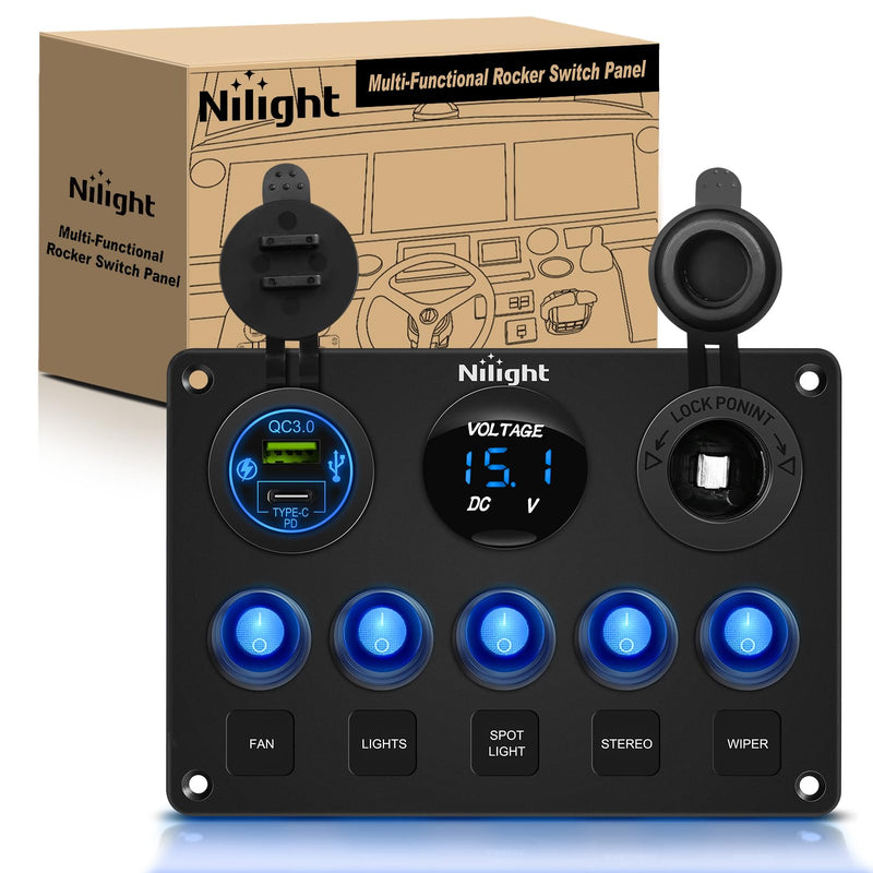 [Australia - AusPower] - Nilight 5 Gang Multi Function Waterproof Switch Panel PD Type C and USB Charger Digital Voltmeter 12V Outlet Rocker with Inline Fuse for RVs Cars Boats Trucks Trailers Waterproof Type C + USB Blue 