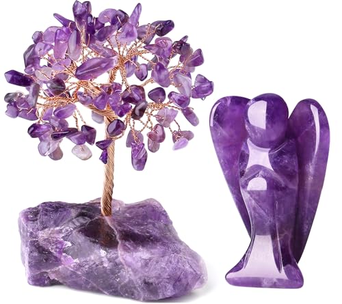 QINJIEJIE Bundle of Amethyst Crystal Tree and Guardian Angel Gemstone Decor Statue Polished Crystal Natural Reiki Gemstone Tree Life Stone Base Copper Wire Office Desk Room Home Decor Gift