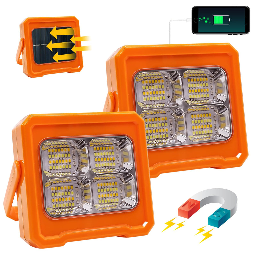 [Australia - AusPower] - 2Pack Portable LED Work Solar Light 60W/8000mAh/124LED Rechargeable for Emergency Worklight, 4 Modes Security Job Site Lighting for Power Failure, Barbecue,Camping,Fishing, Vehicle Repair (Orange) 