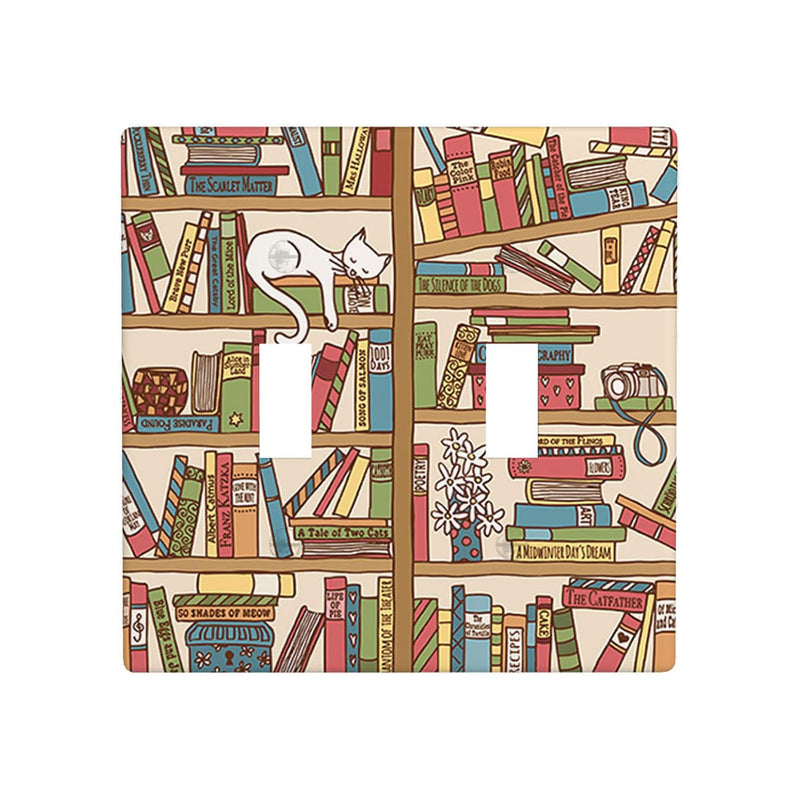 [Australia - AusPower] - Moslion Cat Bookshelf Double Toggle Wall Switch Covers Sleeping Kitten Library Books Box Camera Flowers 2-Gang Wall Plate Outlet Plug Covers Light For Kitchen Home Bathroom PLATE-P165 