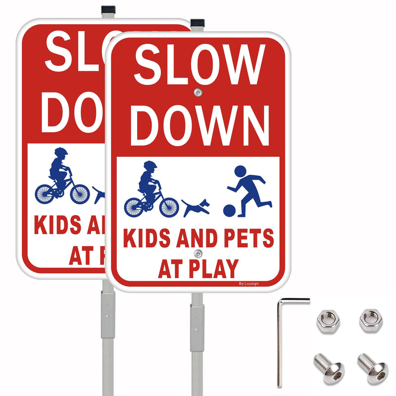 (2Pack) Slow Down Signs，Kids Playing Sign with Stake for Street - Children at Play Safety Signs with 36 Inches Metal Stakes & 14"×10" Reflective Aluminum Sign, Fade Resistant, water proof/weather proof, Easy to Install Style2-2pack with Stake