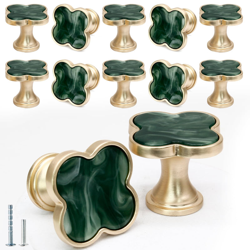 12 Pack Clover Cabinet Knobs Zinc Alloy Single Hole Pulls,Four-Leaf Clover Drawer Handles for Dresser,Wardrobe,Vanity(12pcs,Green) 12 Pack Green
