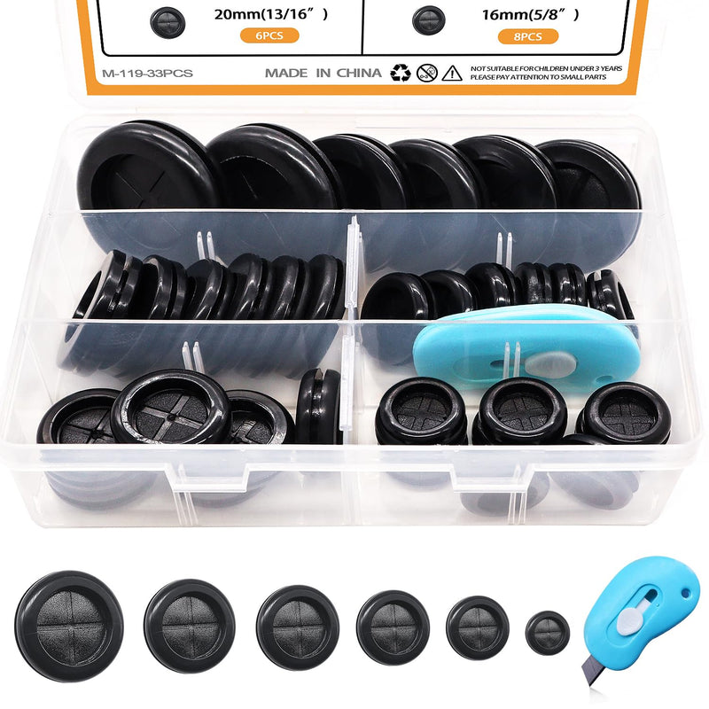 [Australia - AusPower] - mankk 33Pcs Rubber Grommet Kit 6 Size (5/8" 13/16" 7/8" 1" 1-3/16" 1-1/2") Drill Hole Round Double Sided Rubber Hole Plug with Retractable Box Knife for Protecting Cable Wire M-119-33PCS 