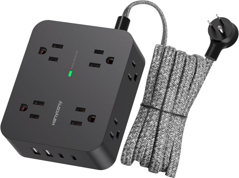 [Australia - AusPower] - Power Strip Surge Protector, 8 Outlets with 4 USB Charging Ports(2 USB C), 3 Side Outlet Extender with 5 Ft Braided Extension Cord, Flat Plug, Wall Mount, Desk USB Charging Station for Home Office ETL 5Ft Black 