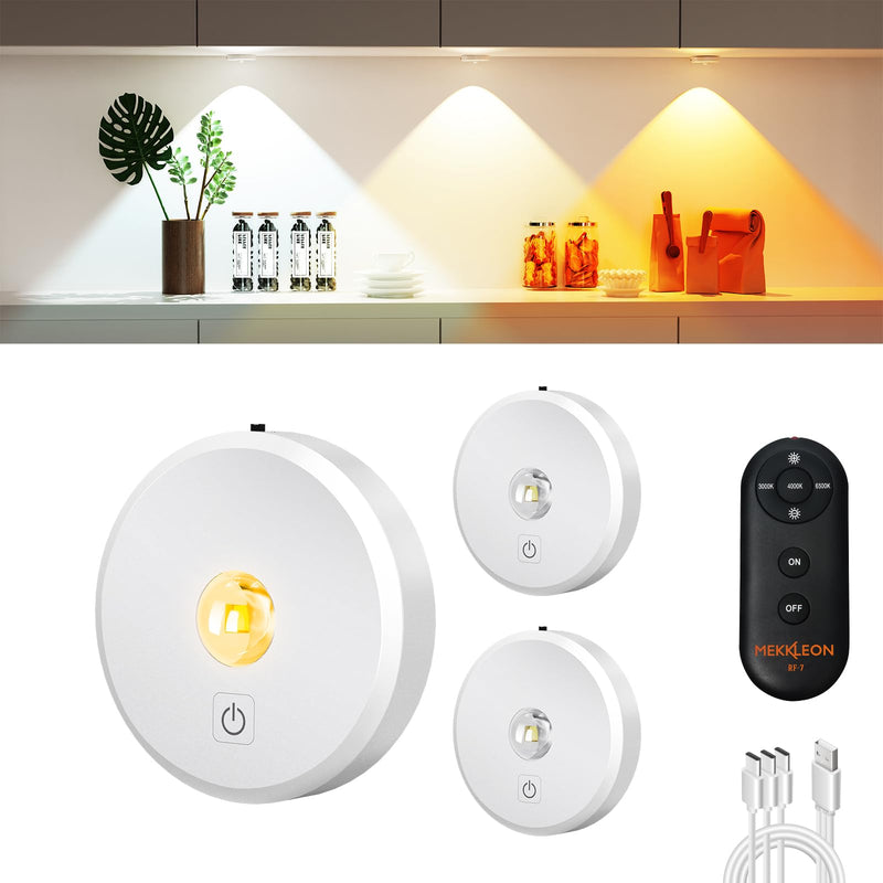 [Australia - AusPower] - Puck Lights with Remote Control Rechargeable,Wireless Under Cabinet Lighting,2000mAh Battery Operated Tap Push Touch Lights,Stick On Lights for Counter,Shelf,Bookcase (White, 3 Pcs) 3 PACK White 