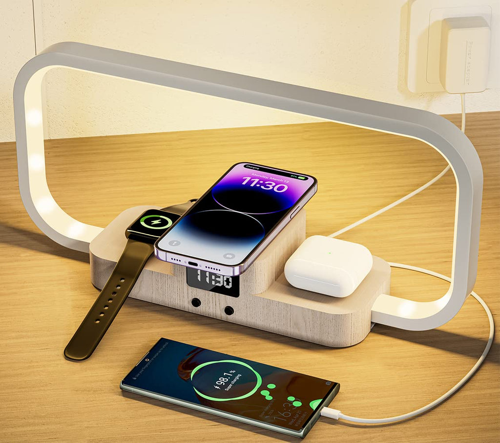 [Australia - AusPower] - AONTESS Bedside Lamp with Wireless Charger: Stepless Dimming&5 Color Mode Touch Control Table Lamp with Clock,Nightstand Lamp with Charging Station for iPhone Series/AirPods/iWatch(Adapter Included) 