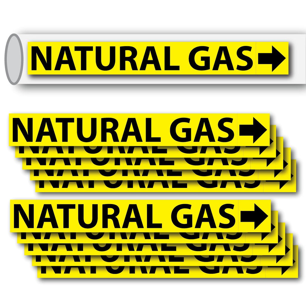 (10 Pack) Natural Gas Pipe Labels Stickers with Arrows, 1” x 8” Self Sticking 6mil PVC Natural Gas Pipe Markers for Pipes, Inspections, Detector, Regulator and Heaters