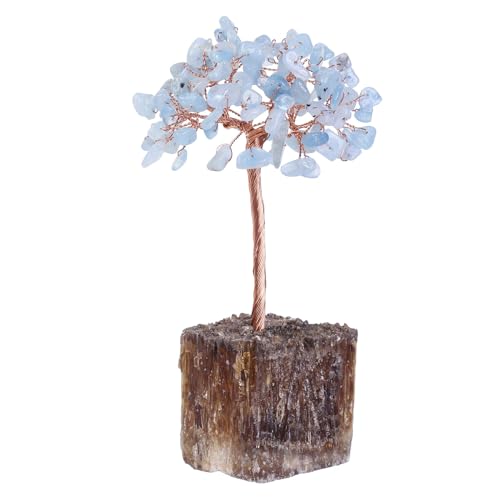 Nupuyai Rough Amber Calcite Base with Crystal Tree Handmade Wire Wrapped Tree of Life Feng Shui Money Tree Decor for Window Tabletop, Aquamarine Blue Blue Aquamarine Stone