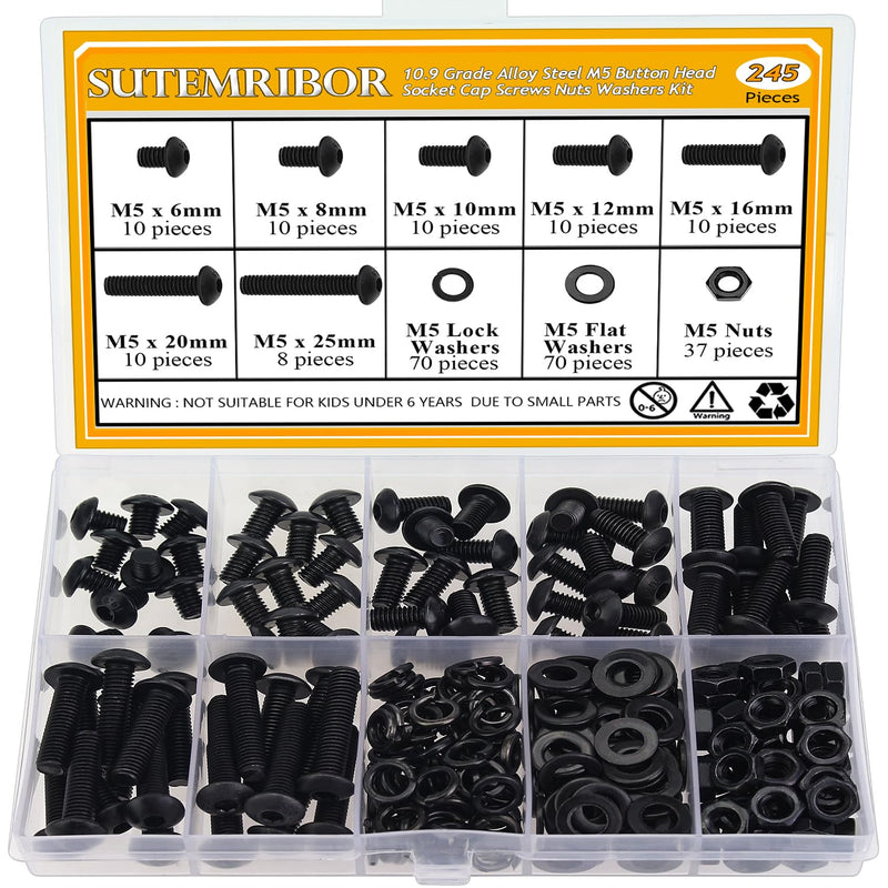 [Australia - AusPower] - 245 Pieces M5 Screws Nuts Washers Set Black, Sutemribor M5 x 6/8/10/12/16/20/25mm Button Head Socket Cap Screws Nuts Washers Assortment Kit, 10.9 Grade Alloy Steel, Fully Threaded 