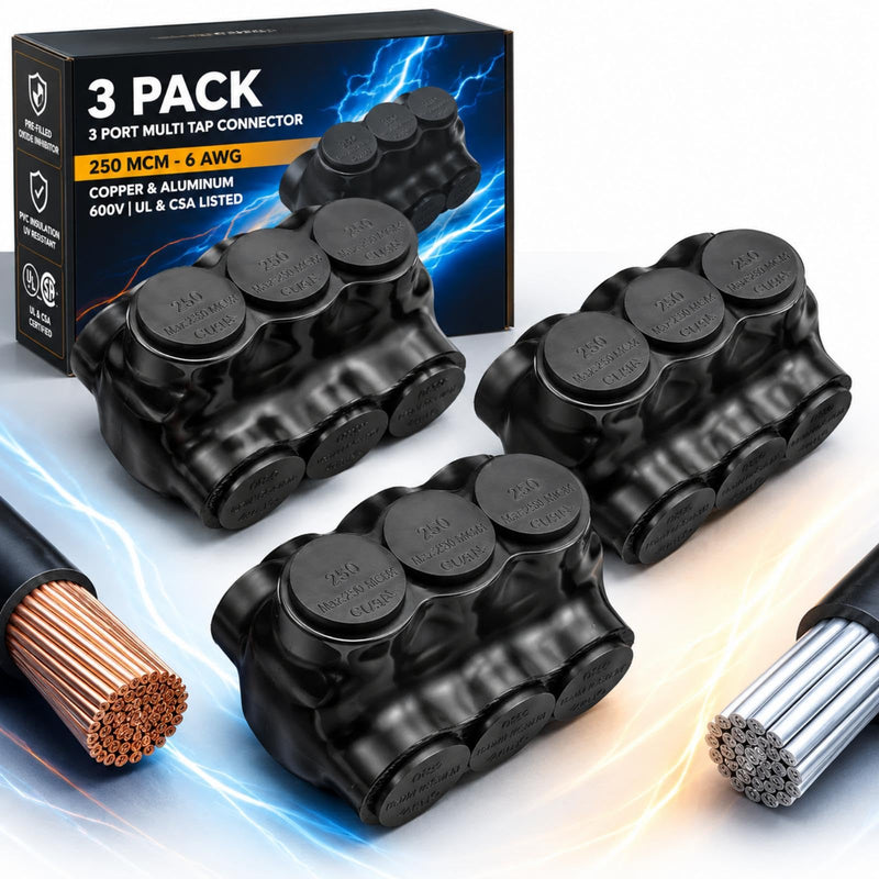 Copkim 3 Pcs Insulated 3 Port Wire Cable Connector 250 MCM-6 Awg Wire Multi Tap 3/8" Hex Screw Dual Sided Entry Interconnect Terminals Pre Filled with Oxide Inhibitor for Copper Aluminum Electrical 3.11'' x 2.37'' x 2''