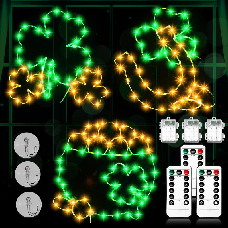 [Australia - AusPower] - Outus 3 Pack St Patricks Day Window Lights Decorations Shamrocks Horseshoe Pot of Gold Hanging Silhouette Window Lights Battery Operated with 8 Light Modes Remote for Irish Party Home Door Wall Decor 